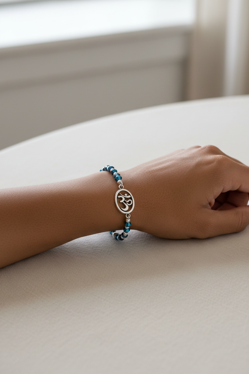 Luminous Blue & Silver Glass Beaded 7 inch / 18 cm Stretch Bracelet with OM Charm