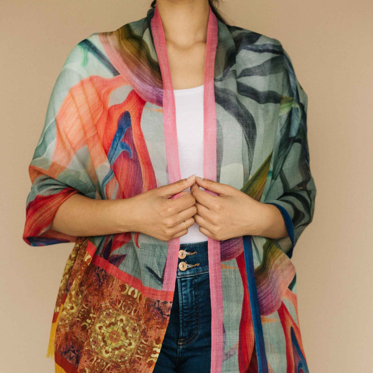 Colorful printed pure wool shawl scarf