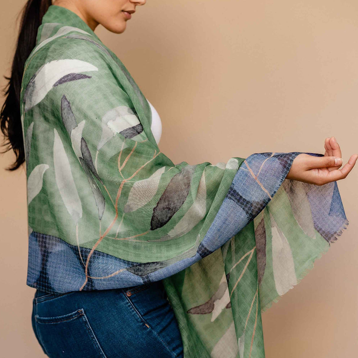 Green and blue pure wool shawl scarf