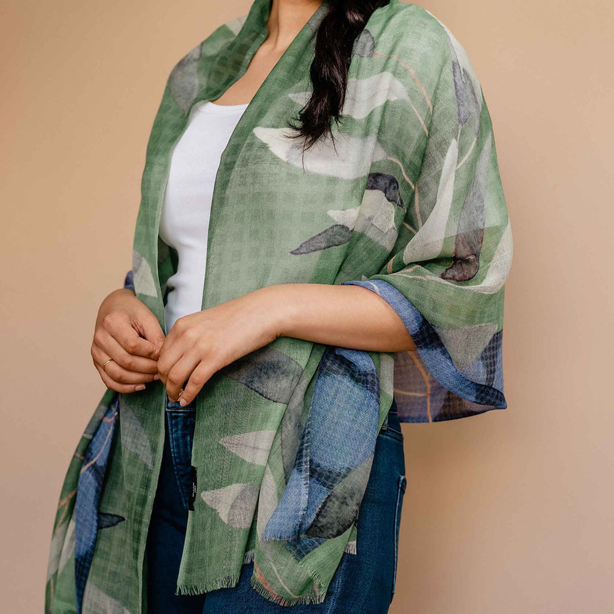 Green and blue pure wool shawl scarf