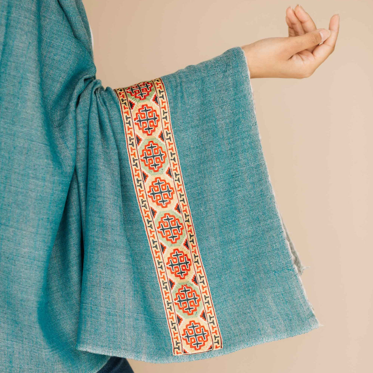 Blue pure wool shawl with woven border