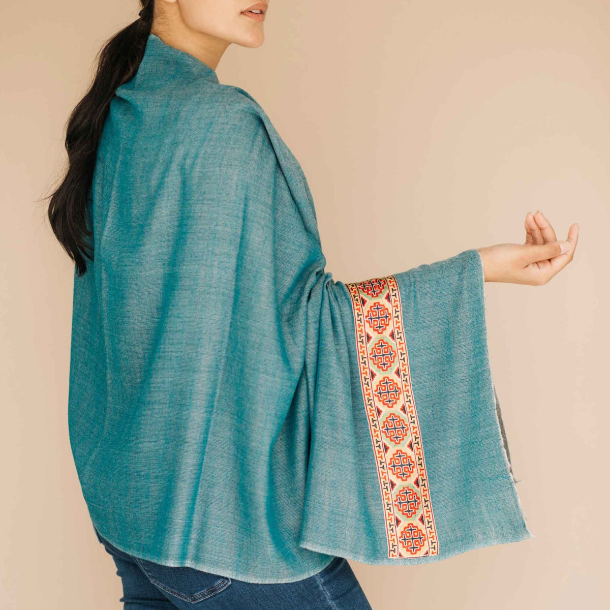 Blue pure wool shawl with woven border