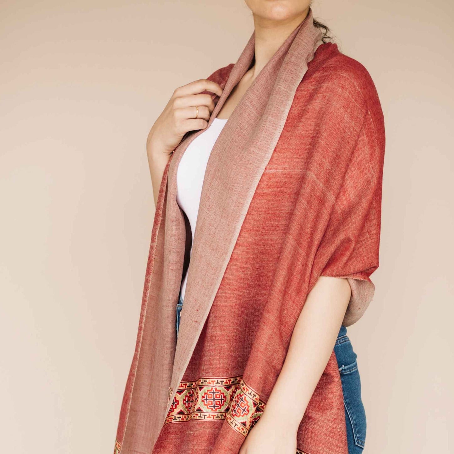 Embrace Bordered Red Wool Shawl Wrap - Best Meditation Wraps in USA for Embrace Journey Within