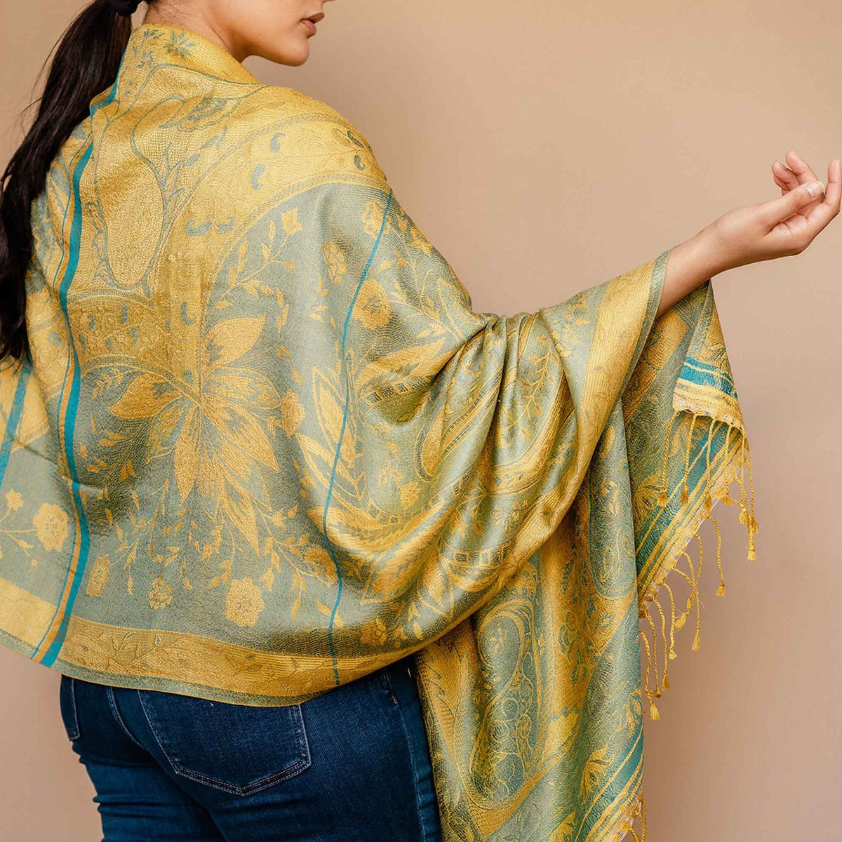 Yellow and turquoise pure silk shawl