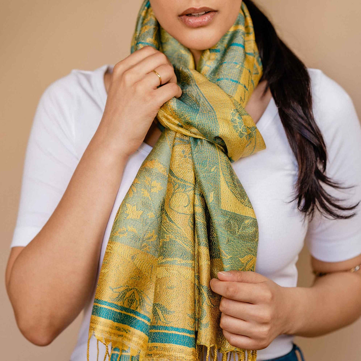 Yellow and turquoise pure silk shawl
