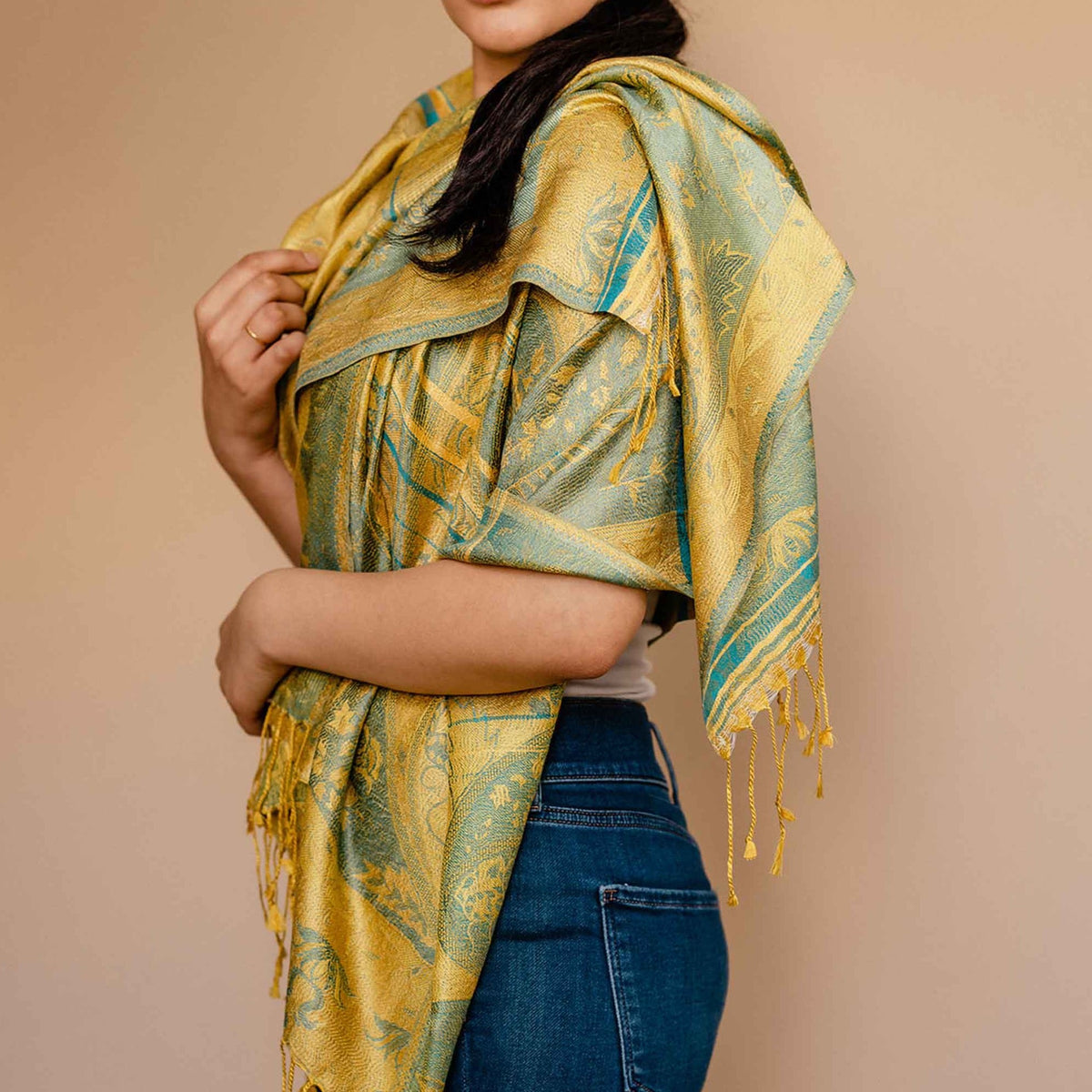 Yellow and turquoise pure silk shawl