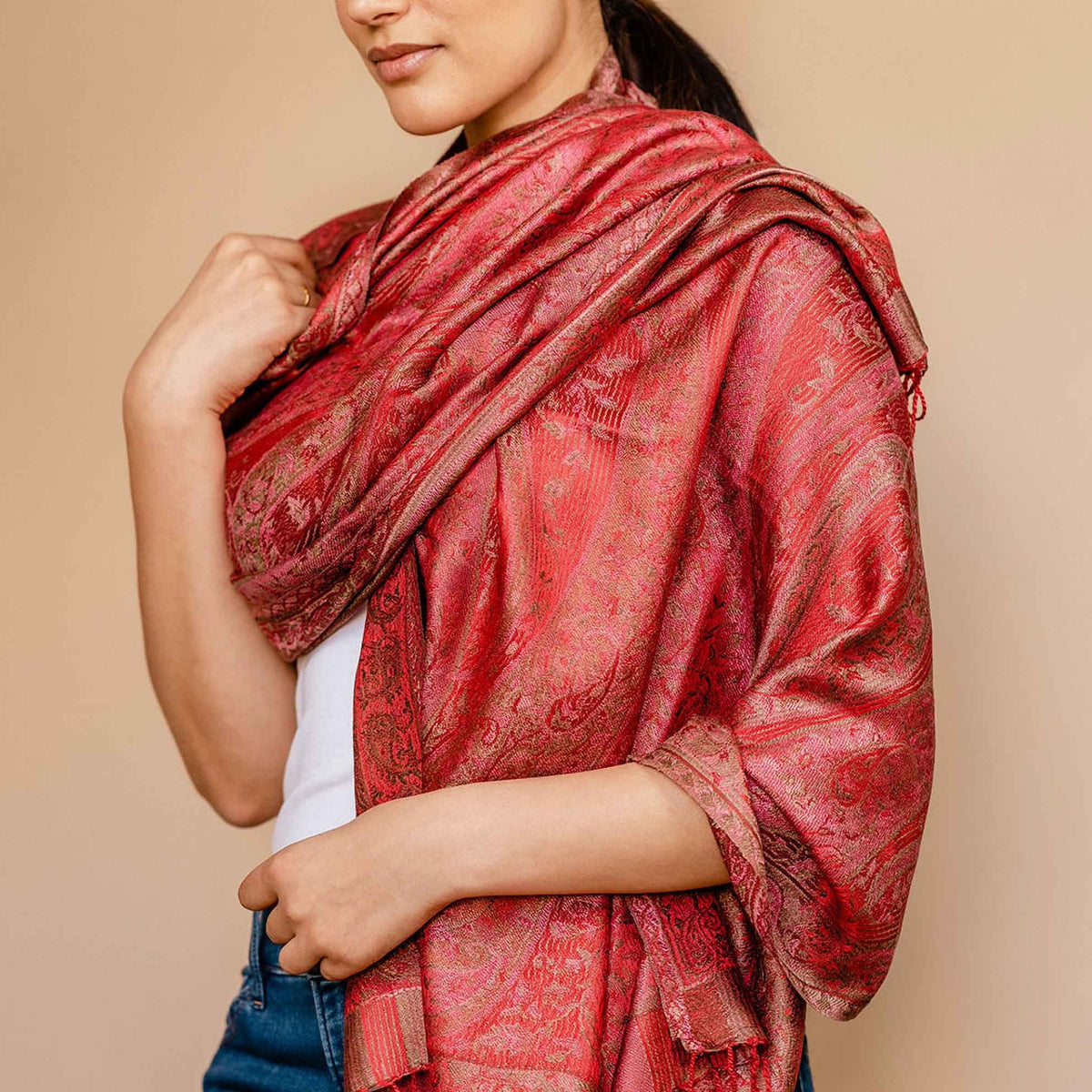Red pure silk meditation shawl