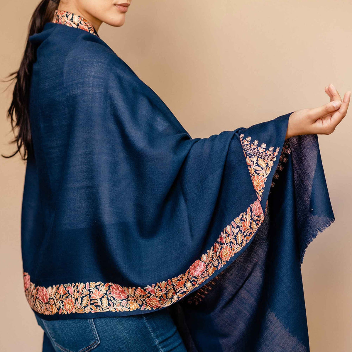Navy pure wool shawl with embroidered border