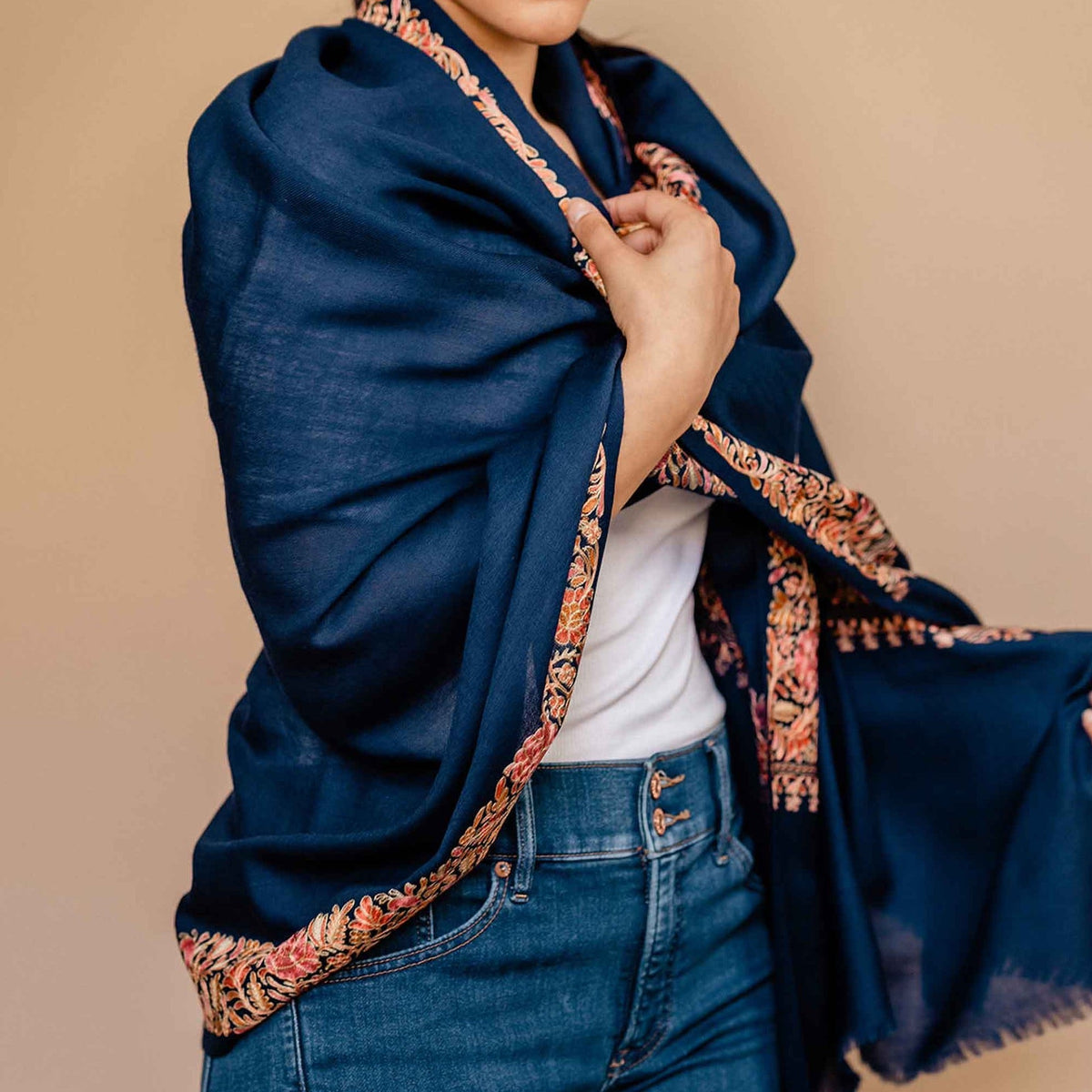Navy pure wool shawl with embroidered border