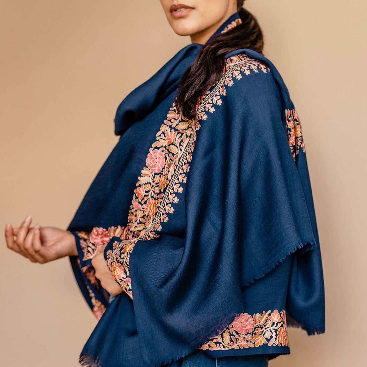Navy pure wool shawl with embroidered border
