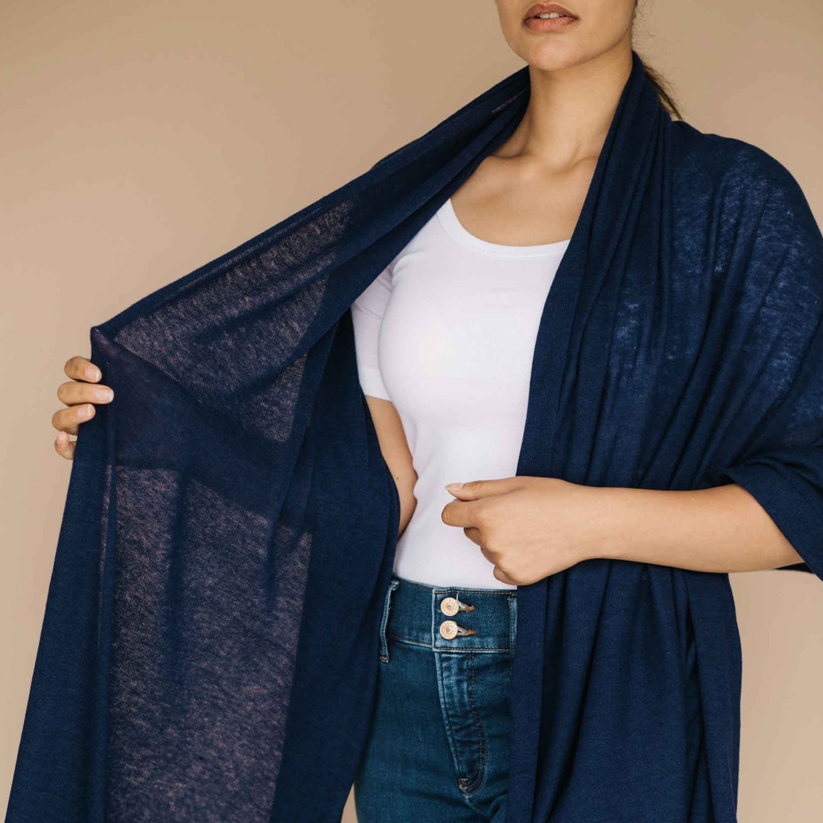 Blue knitted lambswool meditation shawl wrap
