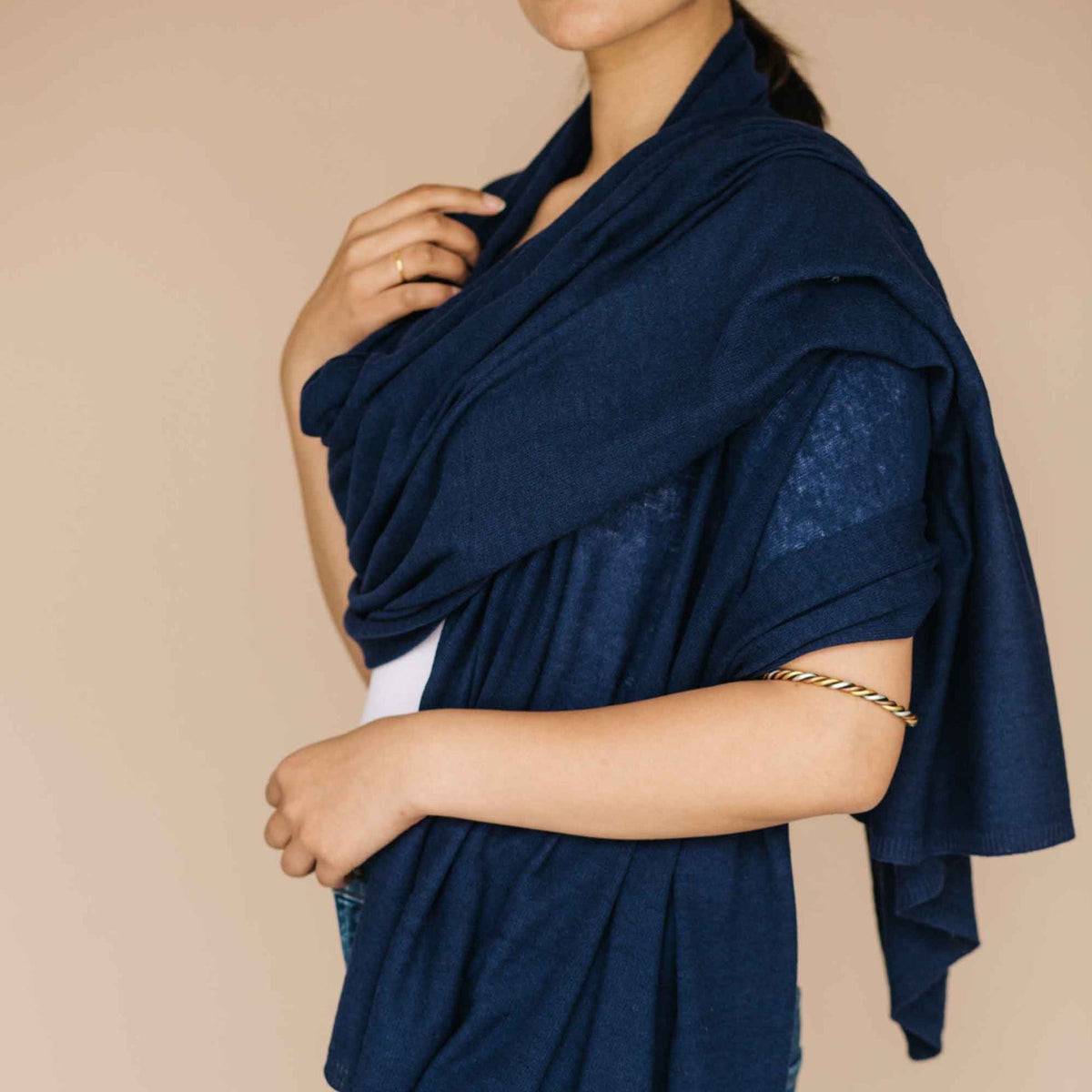 Blue knitted lambswool meditation shawl wrap