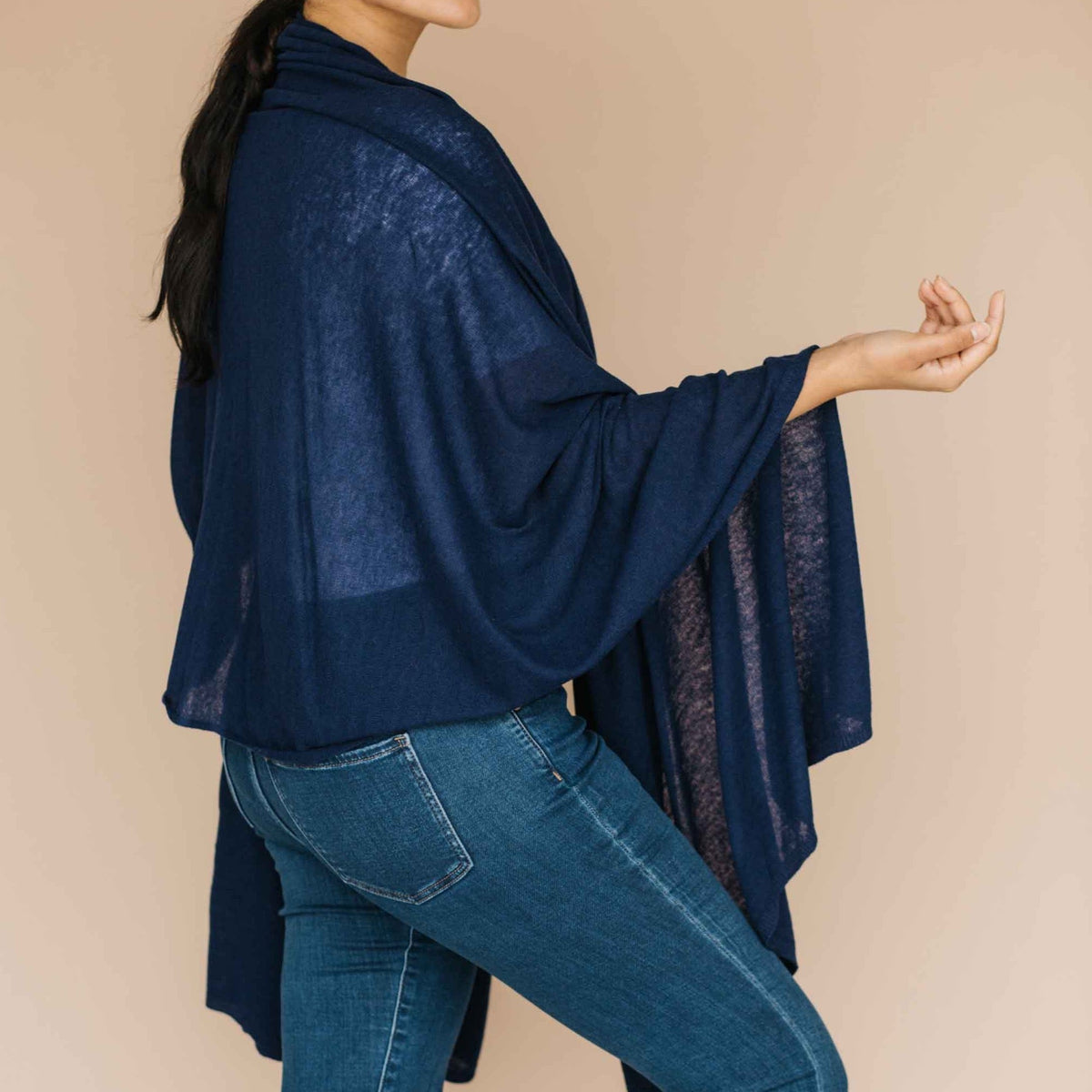 Blue knitted lambswool meditation shawl wrap