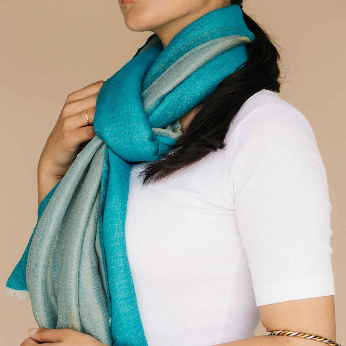 Turquoise pure wool shawl with gold shimmer