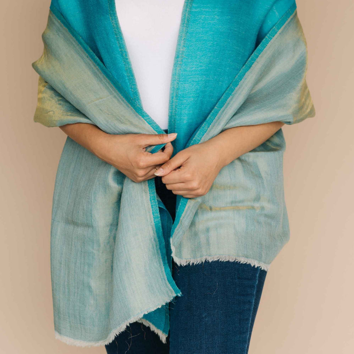 Turquoise pure wool shawl with gold shimmer