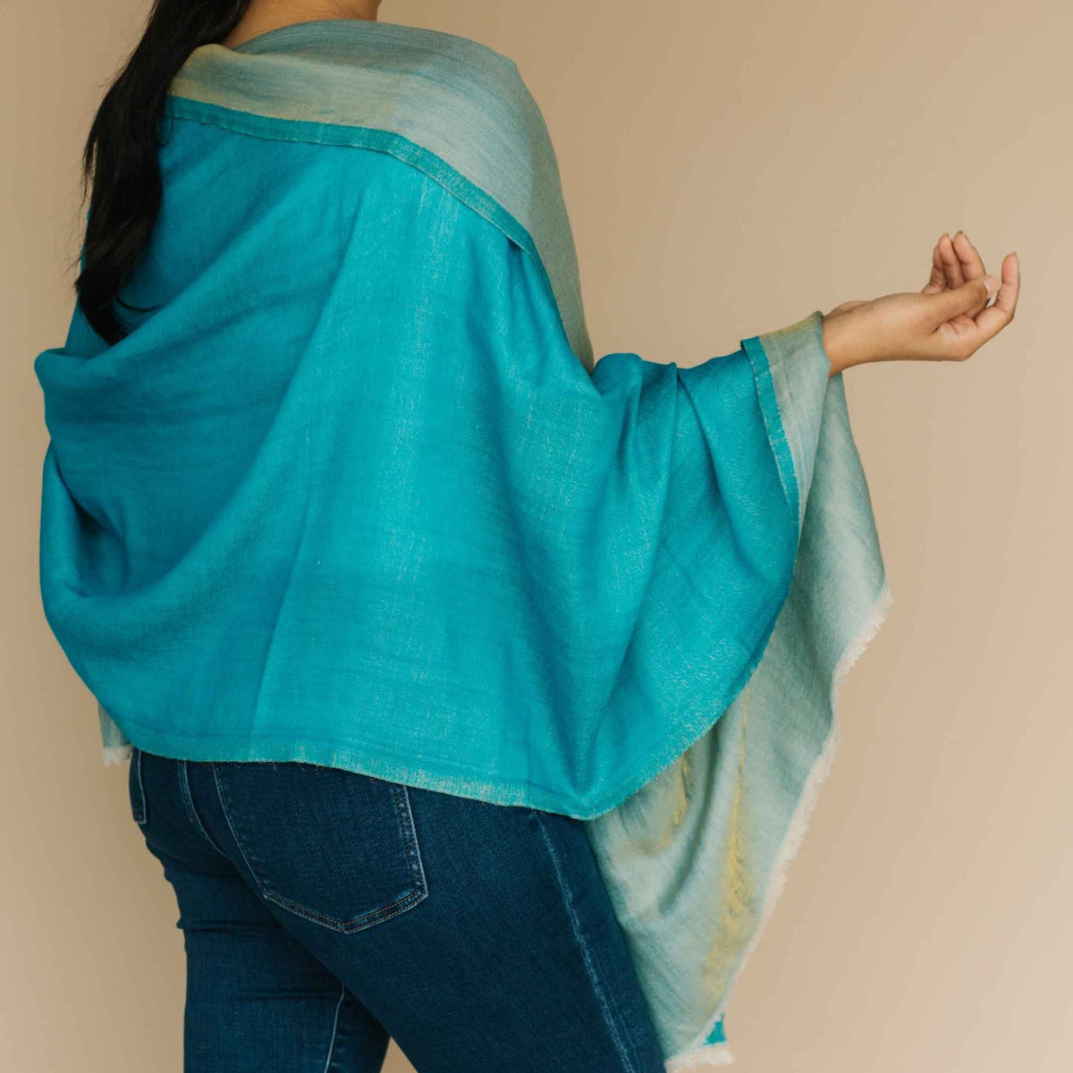 Turquoise pure wool shawl with gold shimmer