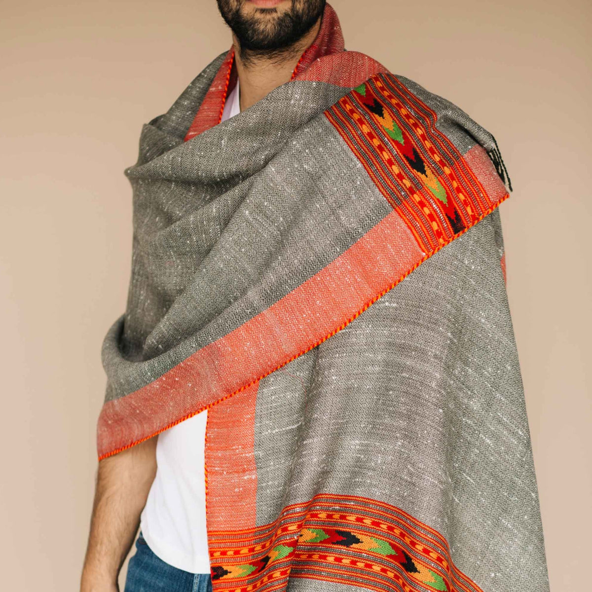 Charcoal gray wool shawl with red border