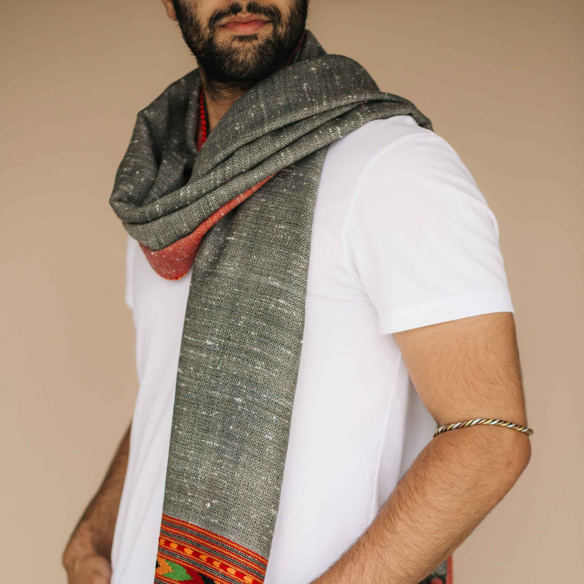 Charcoal gray wool shawl with red border