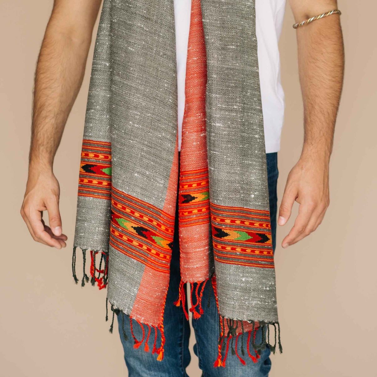 Charcoal gray wool shawl with red border