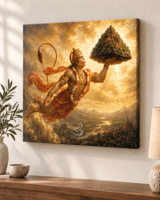 Hanuman Carrying Sanjeevani canvas wall mockup with subtle Supreme Swan watermark