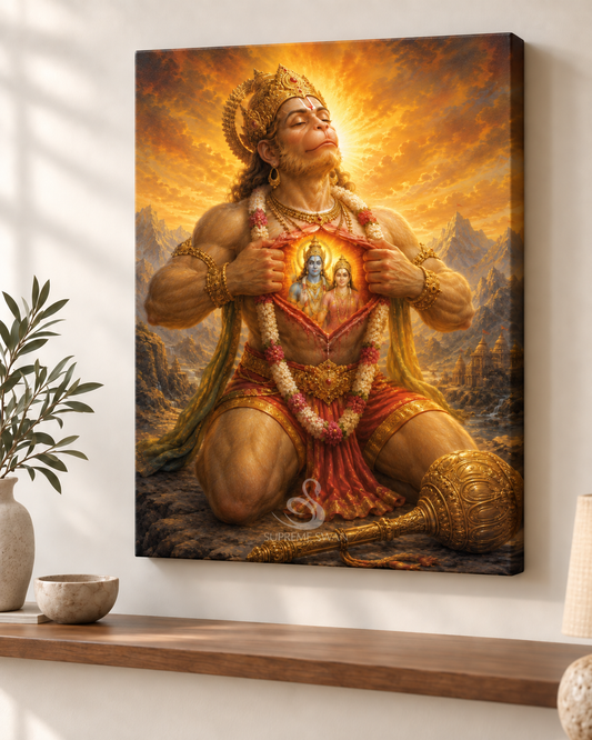 Hanuman Revealing Rama and Sita canvas wall mockup with subtle Supreme Swan watermark