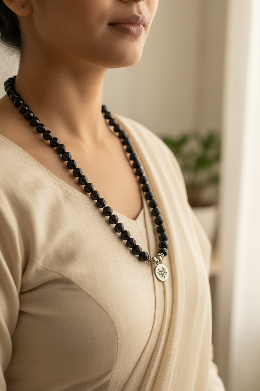 Black obsidian 108-bead protection mala necklace with lotus charm