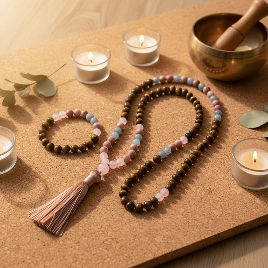 Red jasper, tiger eye and rose quartz 108-bead mala and bracelet set