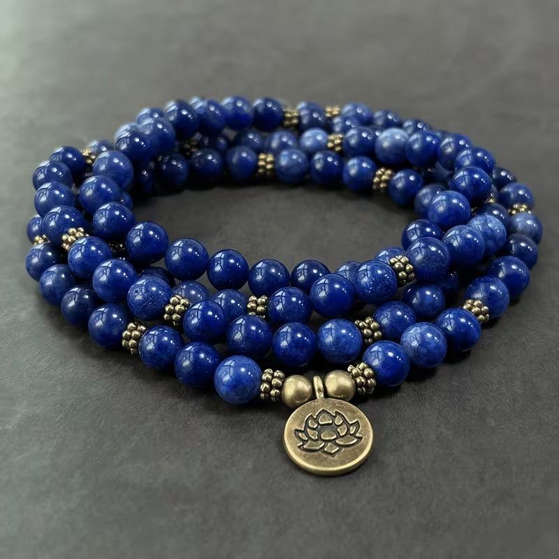 Lapis lazuli 108-bead mala necklace with copper lotus pendant