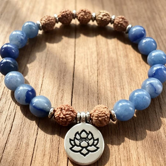 Blue stone and rudraksha bead bracelet with silver lotus charm