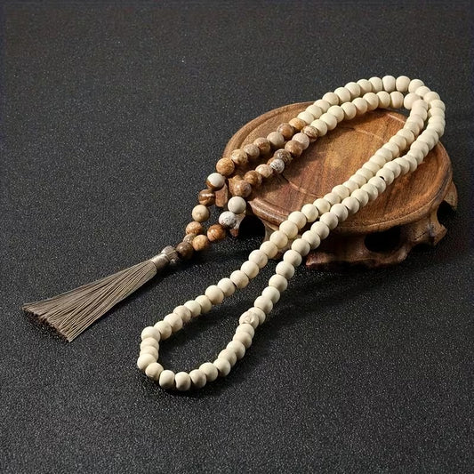 Long khaki natural stone beaded necklace with tassel