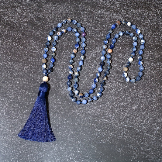 Blue lapis lazuli 108-bead prayer mala necklace with tassel
