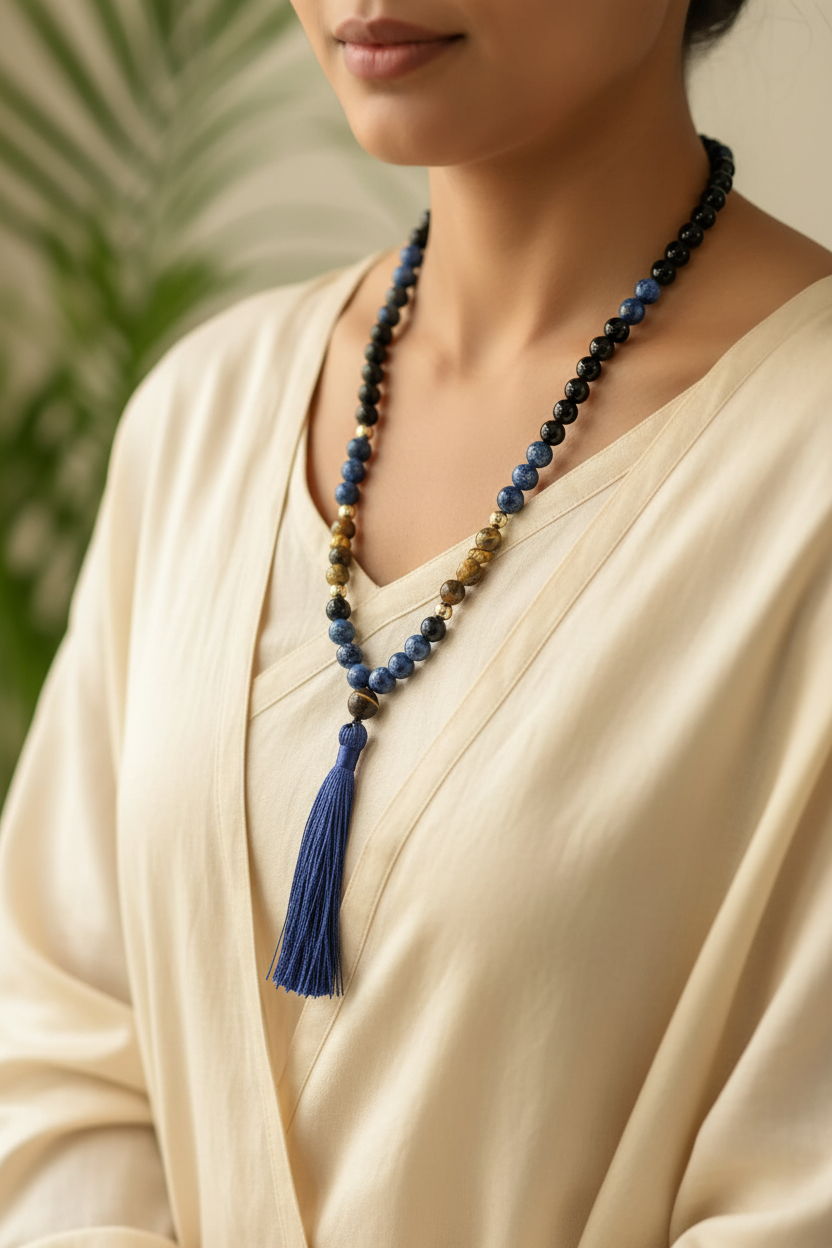 Onyx, tiger eye and sodalite mixed-stone 108-bead mala with blue tassel