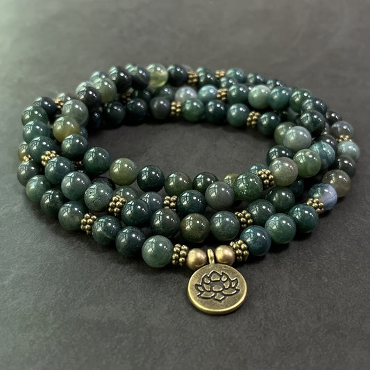 Green moss agate 108-bead mala necklace with natural inclusions