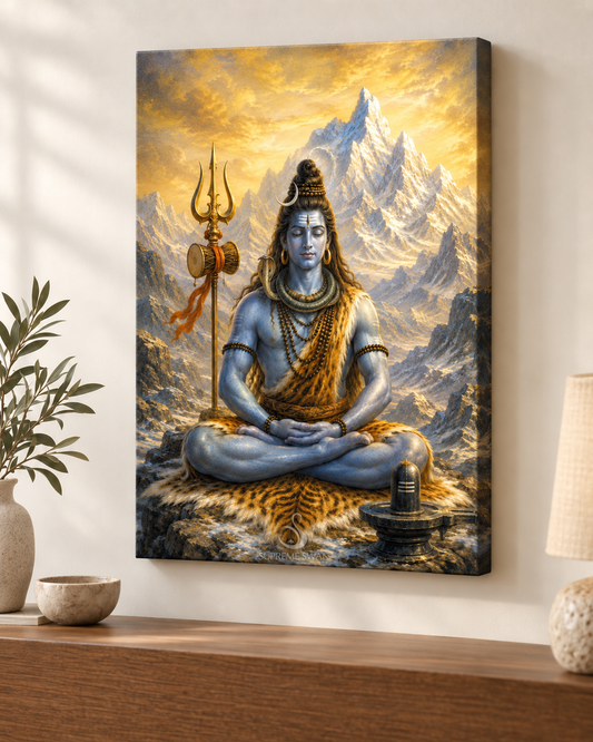 Lord Shiva Meditation canvas wall mockup with subtle Supreme Swan watermark