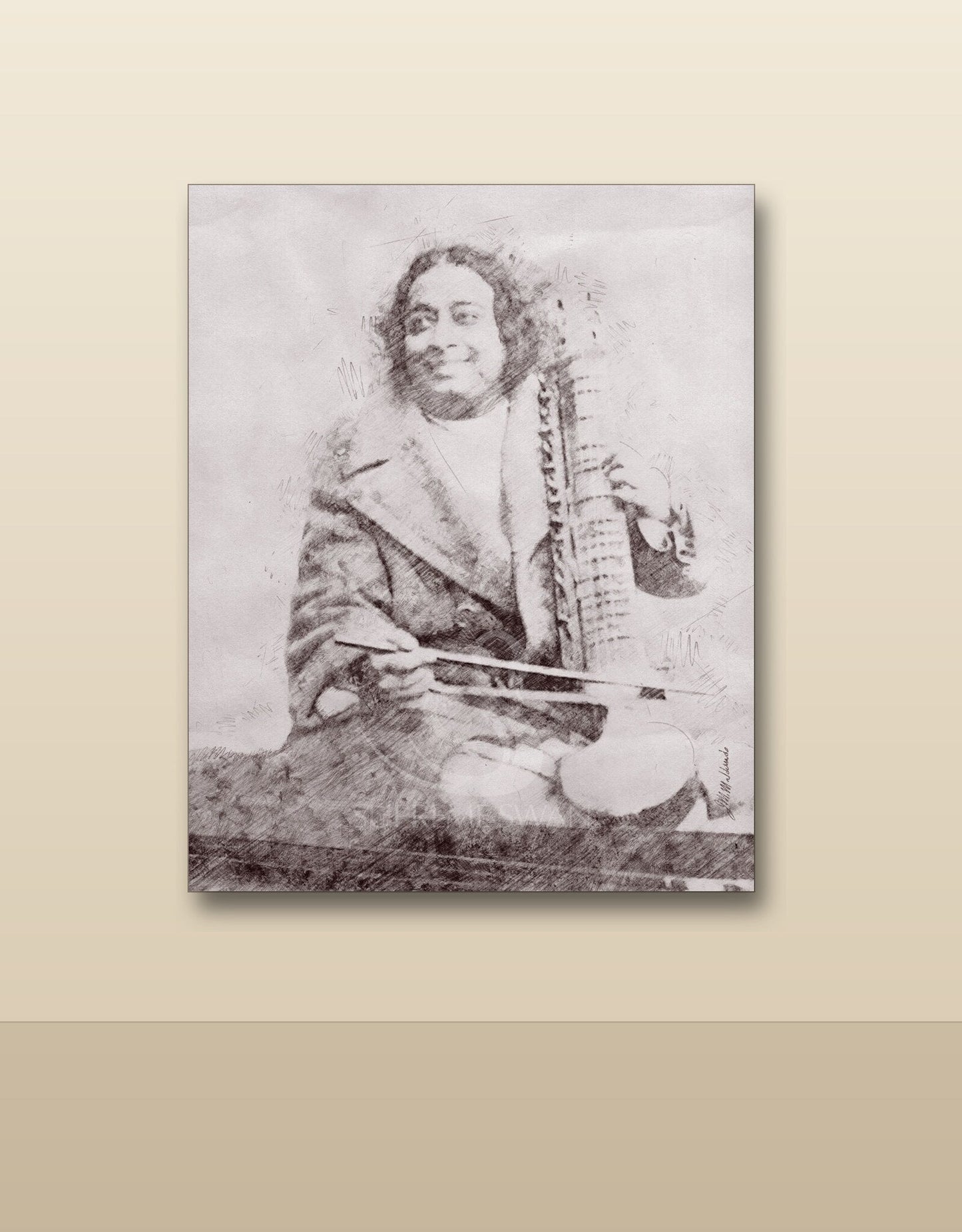 Yogananda with esraj canvas shown on a wall