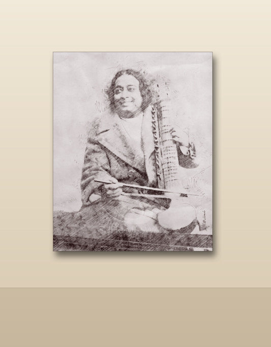 Yogananda with esraj canvas shown on a wall