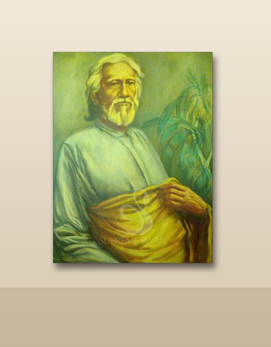 Sri Yukteswar maize portrait canvas shown on a wall