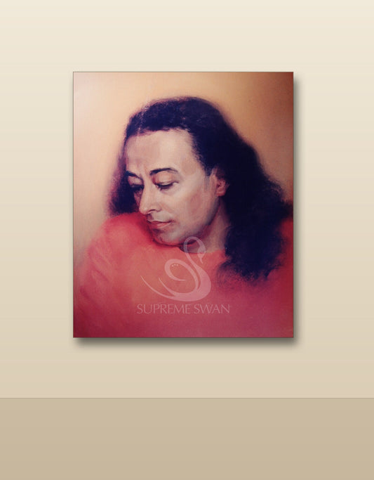 Yogananda meditation canvas shown on a wall