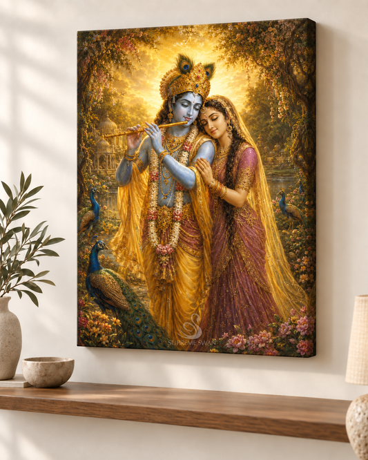 Radha Krishna Garden Devotion canvas wall mockup with subtle Supreme Swan watermark