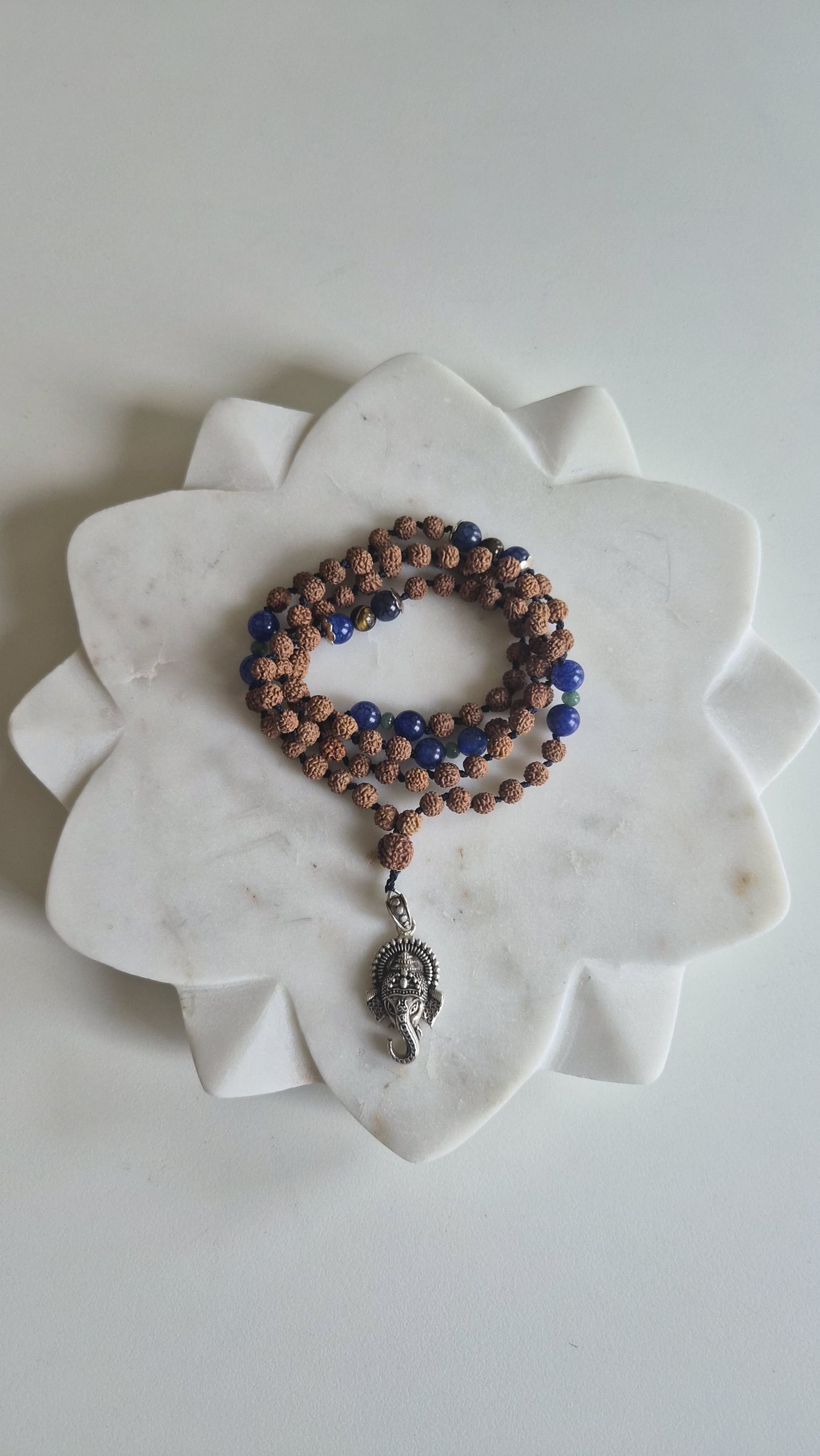 Rudraksha & Blue Lapis Mala with Silver Ganesha Supreme Swan