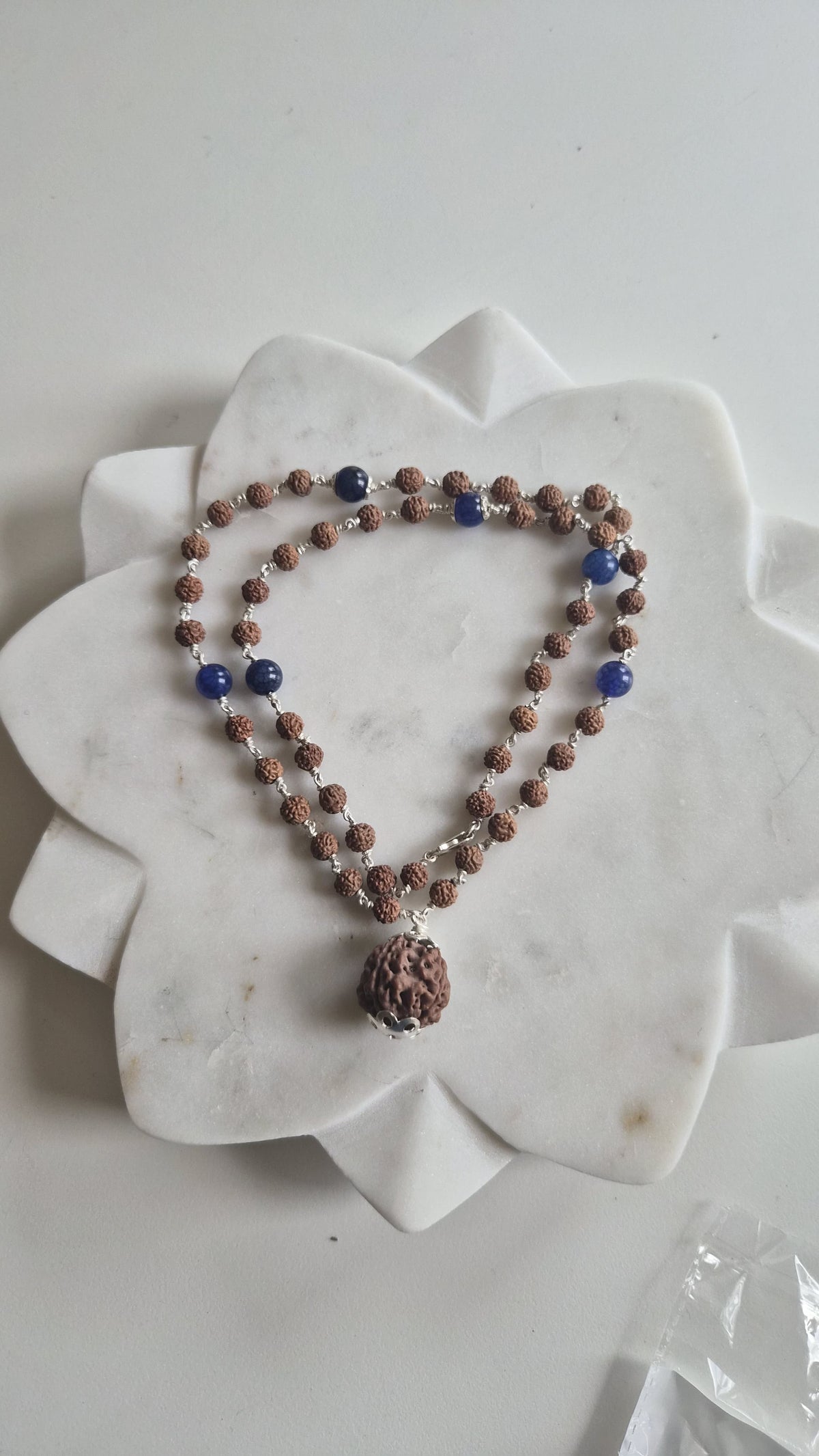 Rudraksha and lapis lazuli meditation mala necklace