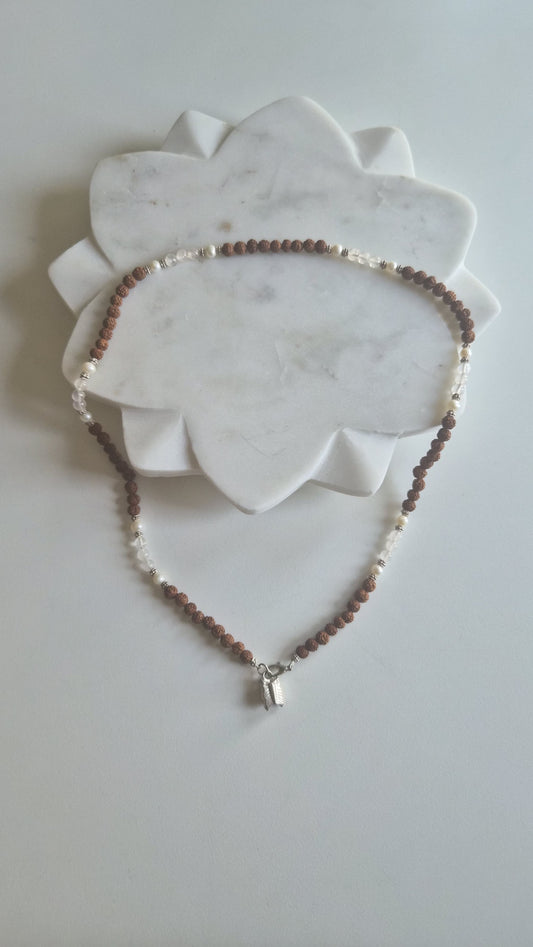Freshwater pearls and rudraksha beads with silver accents
