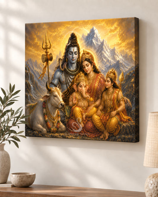 Shiva Family canvas wall mockup with subtle Supreme Swan watermark