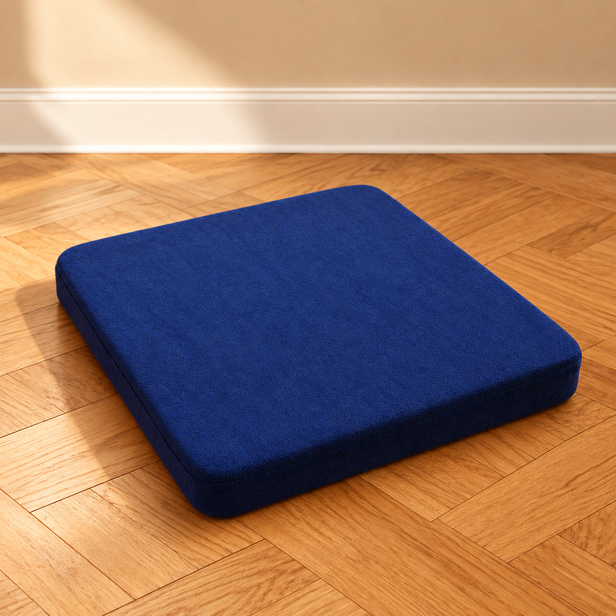 Royal Blue zabuton meditation cushion; AI-assisted background styling matching the crescent cushion.