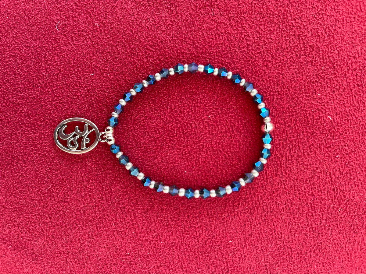 Luminous Blue & Silver Glass Beaded 7 inch / 18 cm Stretch Bracelet with OM Charm Supreme Swan