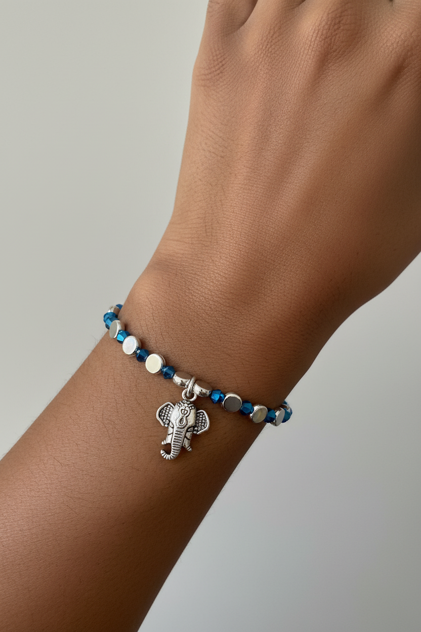 Silver Disc & Blue Glass Beaded Stretch Bracelet with Ganesh Charm from India, 6.5 inch / 16.5 cm
