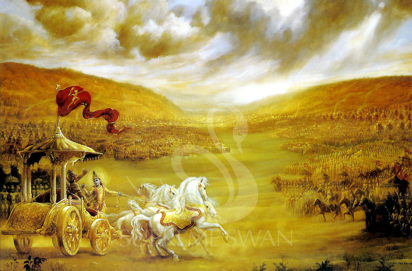 Krishna and Arjuna golden panorama — canvas print