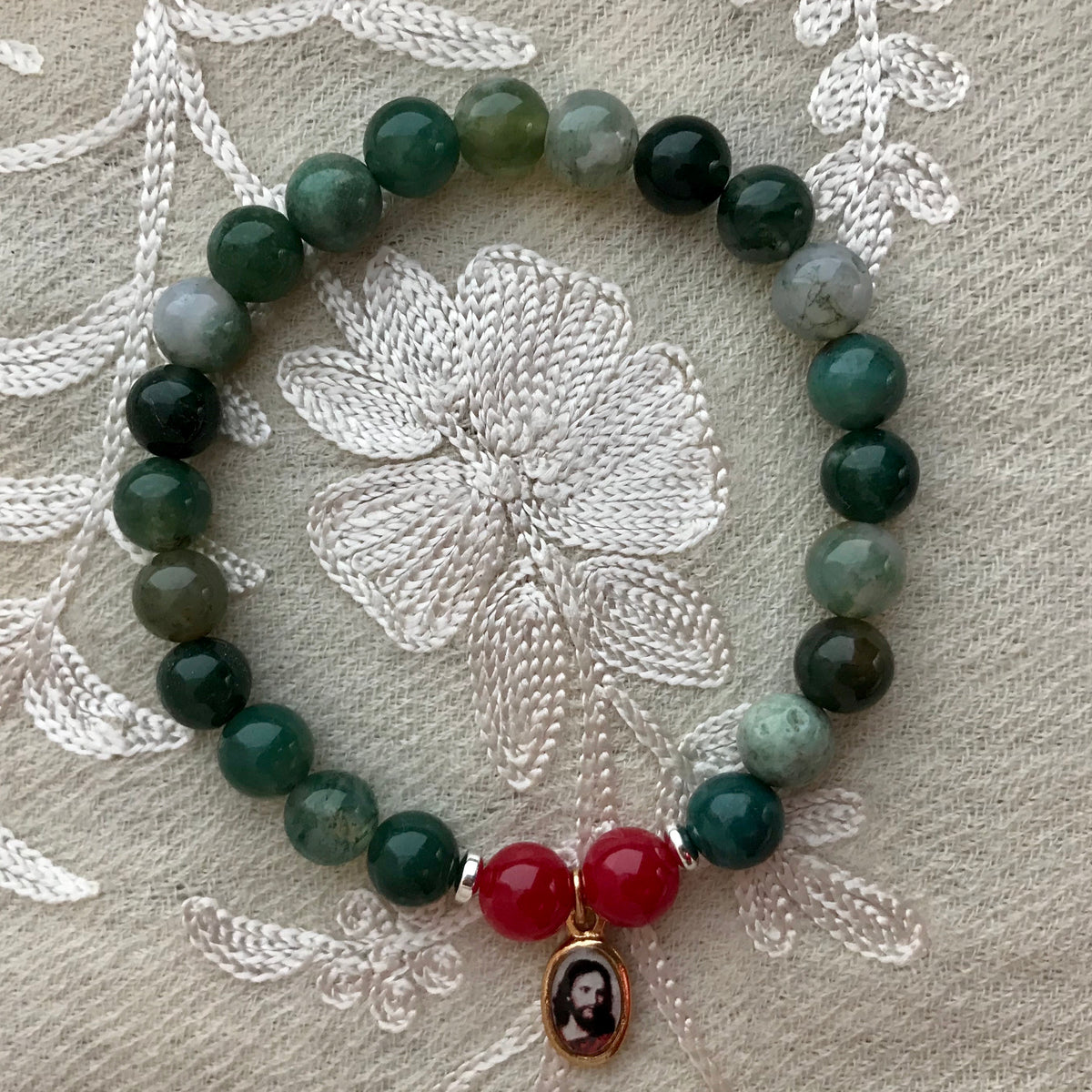 Christ Charm Bracelet, Moss Agate Supreme Swan