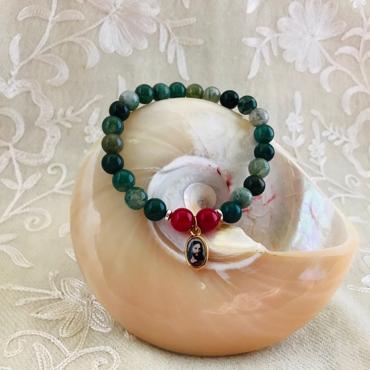 Christ Charm Bracelet, Moss Agate Supreme Swan