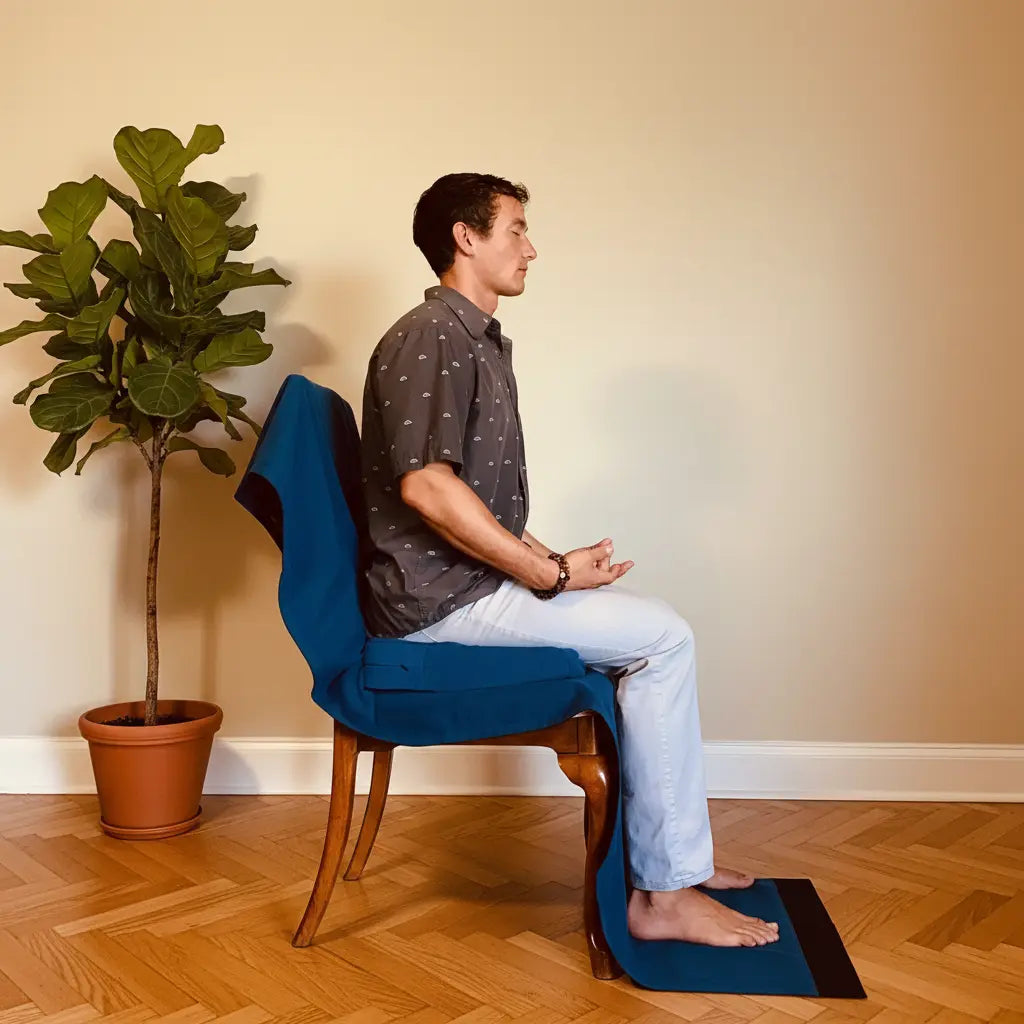 Meditating upright in a chair with a silk and wool blanket